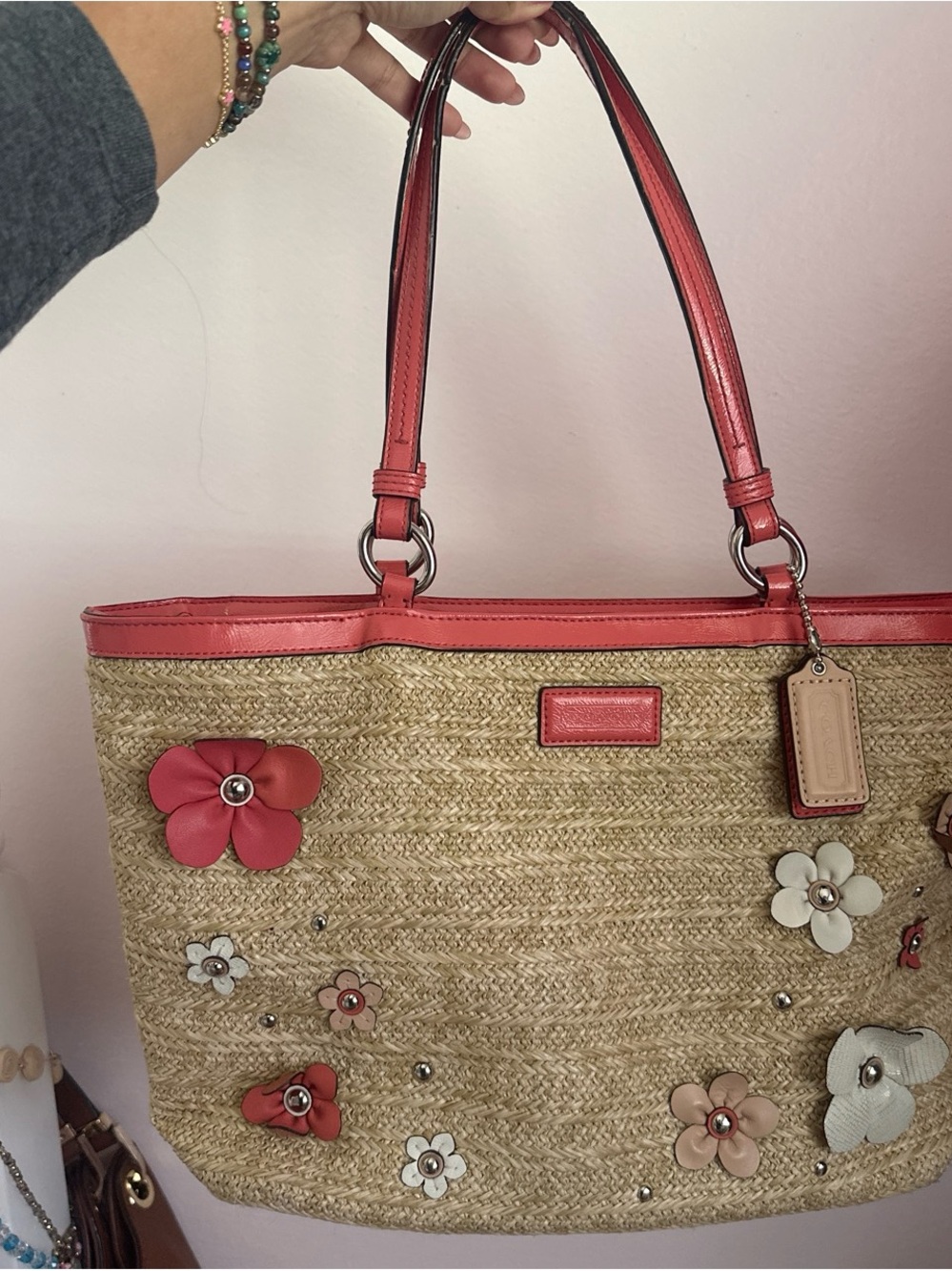 Vintage Coach straw floral appliqué tote bag